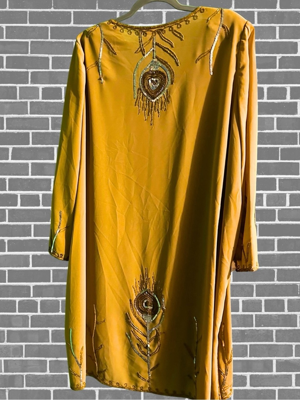 Peacock Mustard Yellow Embroidered Sequin Festival Sheer Tunic